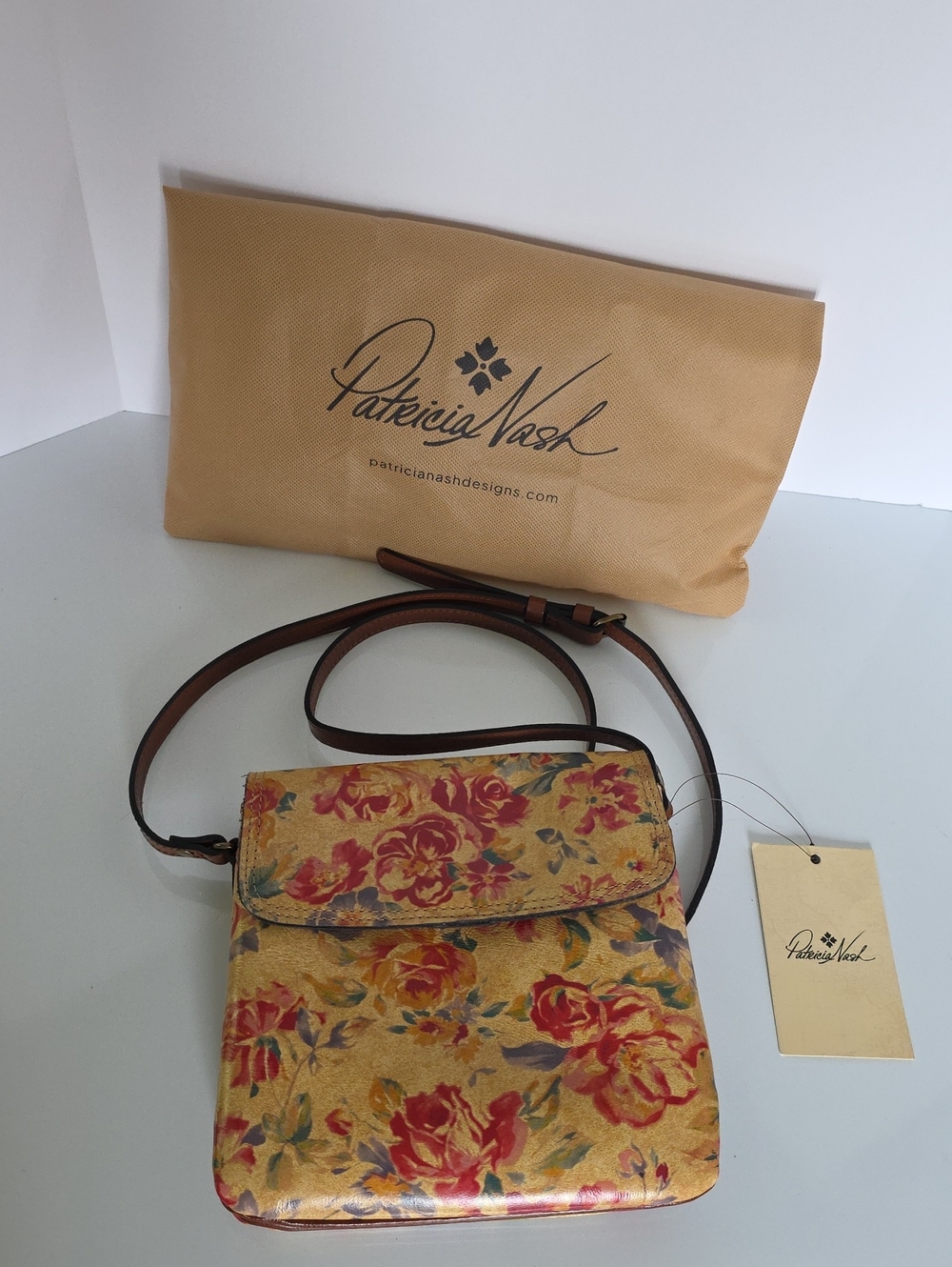 Patricia Nash Leather Floral Crossbody with Adjustable Strap & Dust Bag!